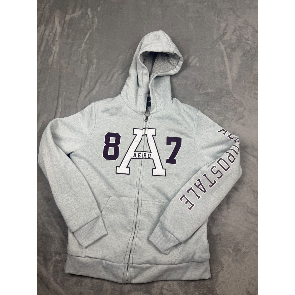 Aeropostale Hoodie Mens Large Gray Sherpa Lined Full Zip Varsity Logo 87